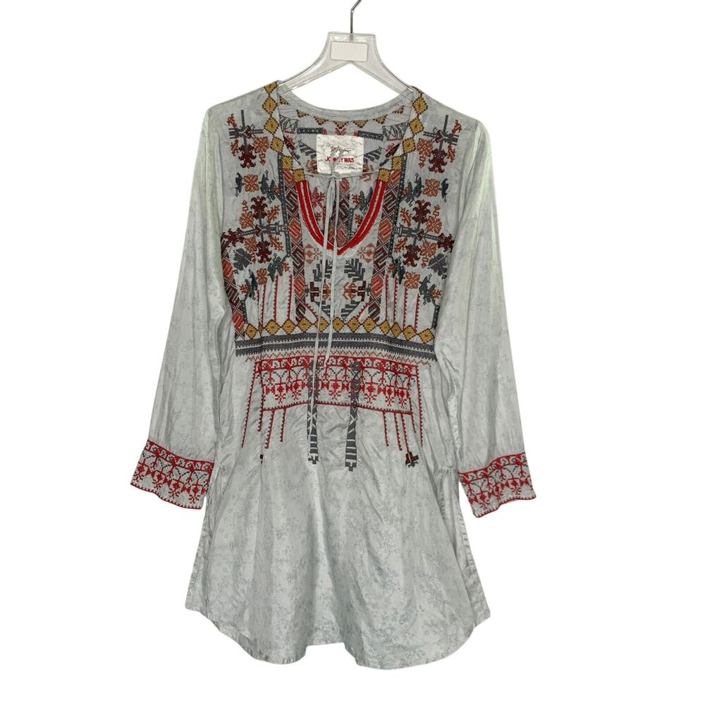 Johnny Was Biya Boho Multicolor Embroidery Tunic Top S 100% Silk Gray Floral
